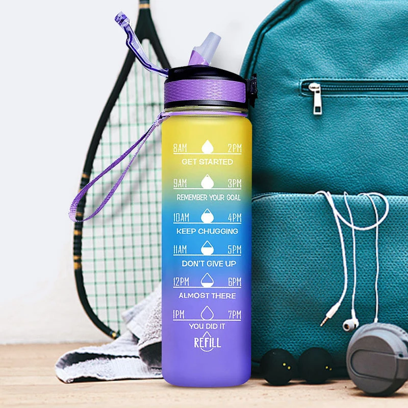 Plastic Cup Sports Water Cup Large-Capacity Straw Cup Portable Gradient Color Space Cup Outdoor Fitness Bottle 1000ml